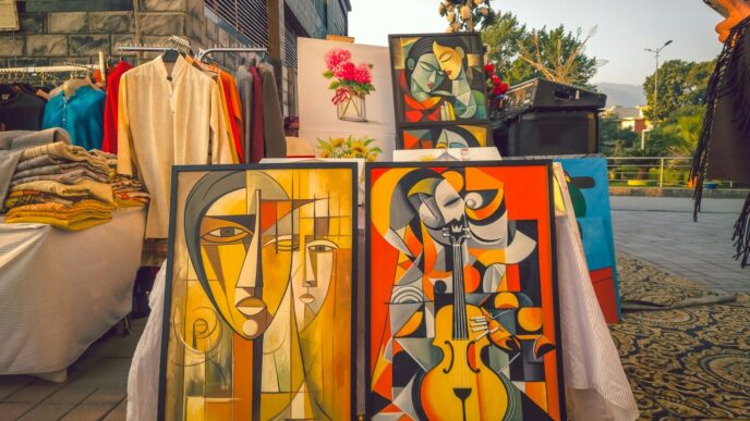 Art is displayed at an outdoor market.