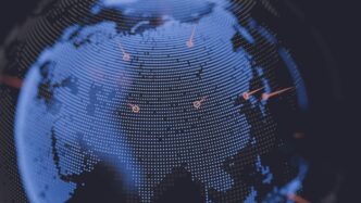 A close up of a blue and black globe