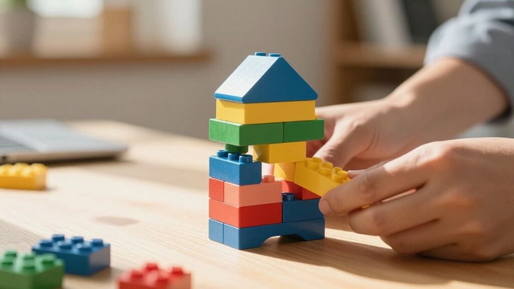 Hands stacking colourful blocks to build a business.