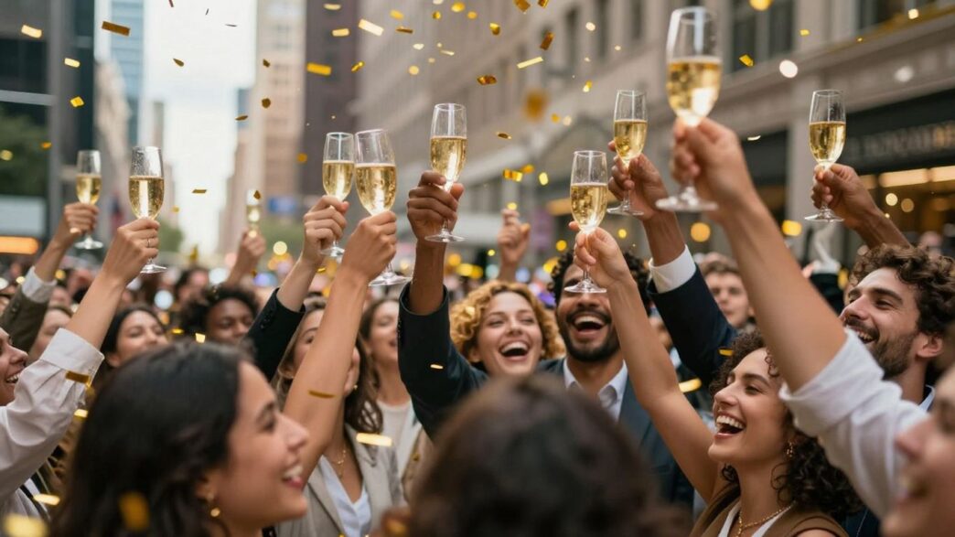Investors celebrating a $10 billion valuation with champagne.