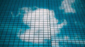 white and blue glass window