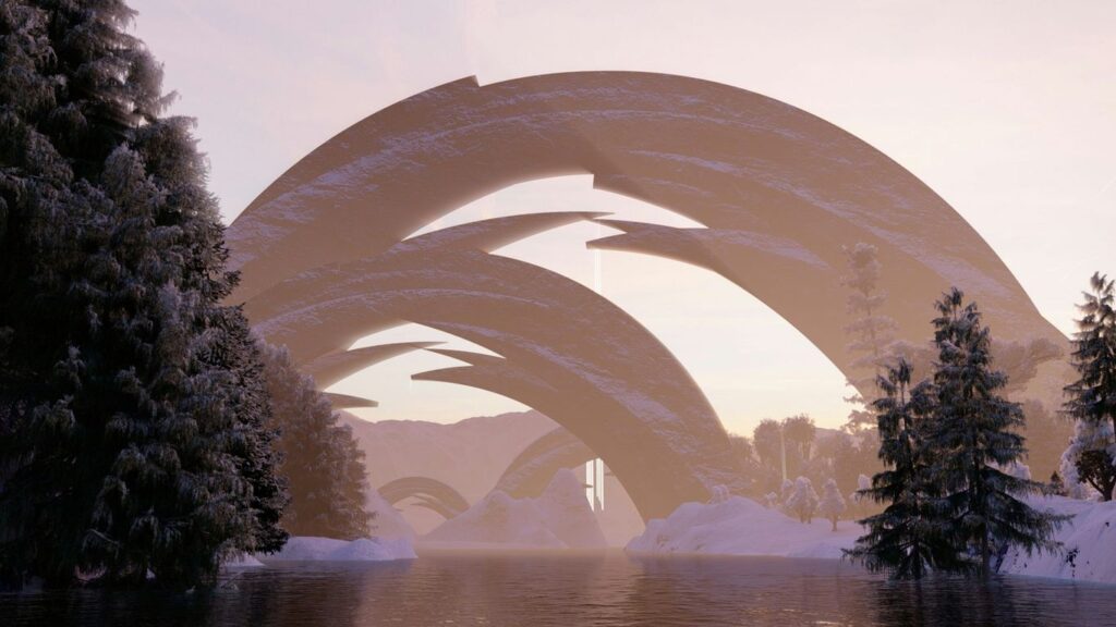 a large arch over a body of water surrounded by trees