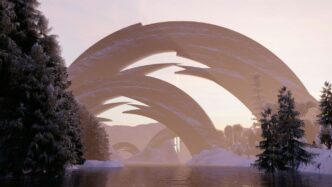 a large arch over a body of water surrounded by trees