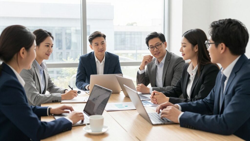 Business team strategising sales growth together in modern office