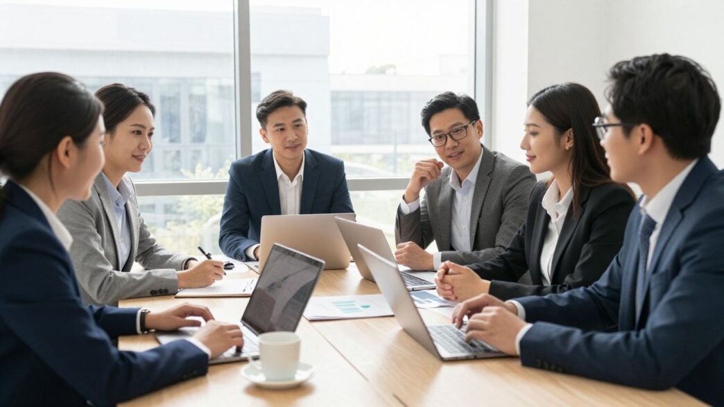 Business team strategising sales growth together in modern office