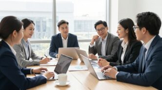 Business team strategising sales growth together in modern office