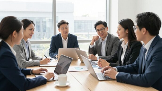 Business team strategising sales growth together in modern office