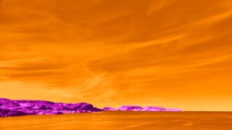 Vibrant orange sky over purple rocky coastline