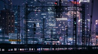 a city skyline at night