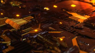 a close up of a computer motherboard with yellow lights