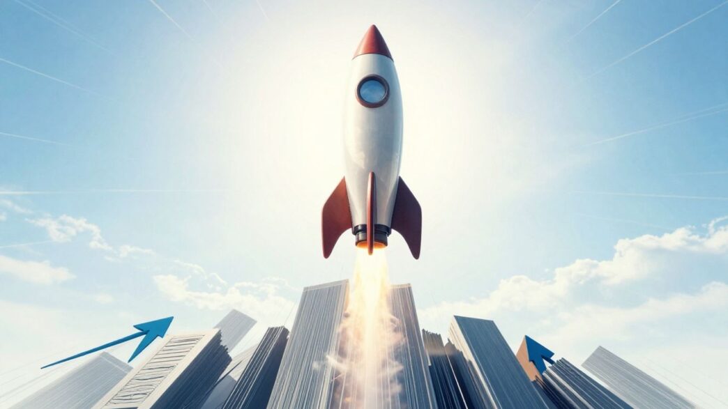 Rocket ascending, symbolizing business growth and sales increase.