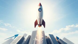 Rocket ascending, symbolizing business growth and sales increase.