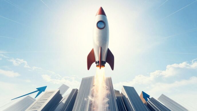 Rocket ascending, symbolizing business growth and sales increase.
