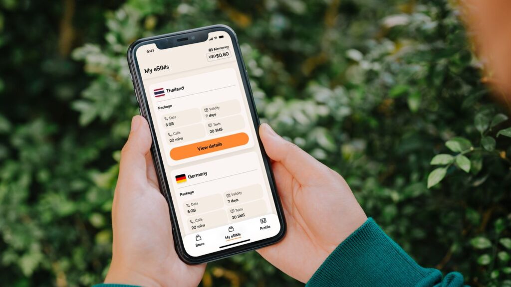 Person holding a smartphone with currency exchange app