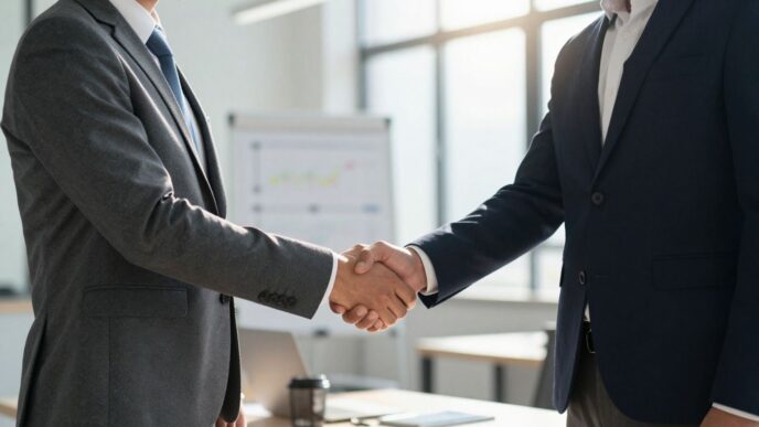 Business handshake, growth, success, revenue, partnership.