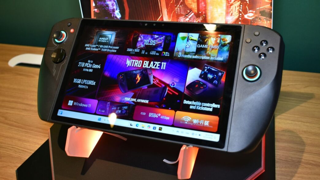 A handheld gaming console with a large screen.