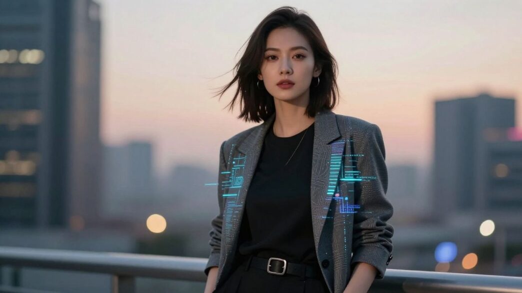 Woman in stylish clothes with AI elements.