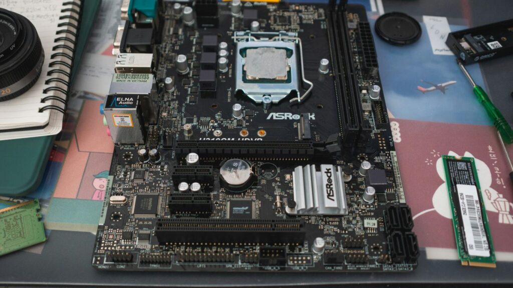 Computer motherboard with cpu socket and components.