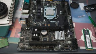 Computer motherboard with cpu socket and components.
