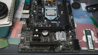Computer motherboard with cpu socket and components.