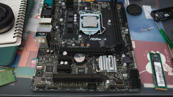 Computer motherboard with cpu socket and components.
