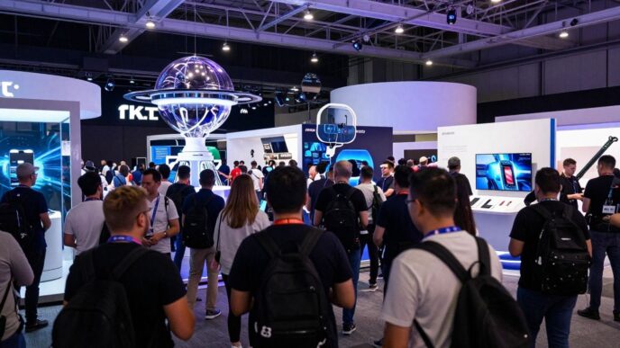 Crowd at a futuristic tech conference with innovative displays.