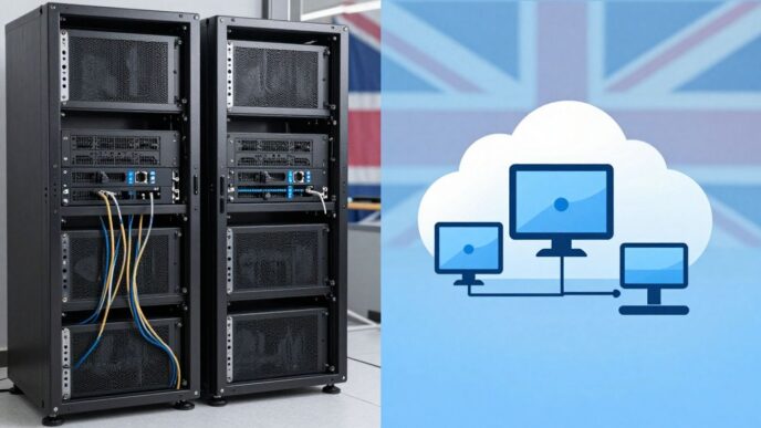 Split image: traditional server vs cloud with UK flag.