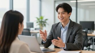 Business professional interacting with a customer in an office.