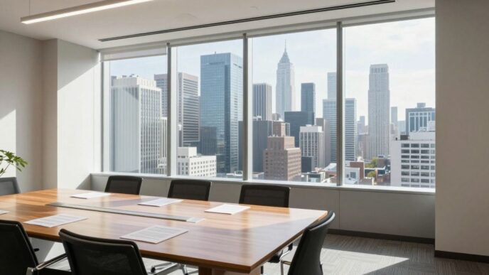 Modern office with city view, suggesting business opportunities.