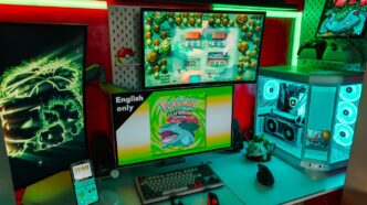 Gaming setup with multiple screens and colorful lights