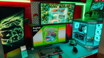 Gaming setup with multiple screens and colorful lights