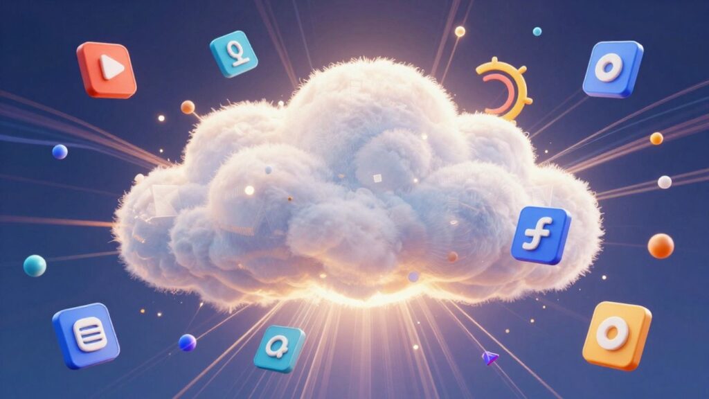 Digital cloud with software icons and bright light.
