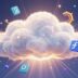 Digital cloud with software icons and bright light.