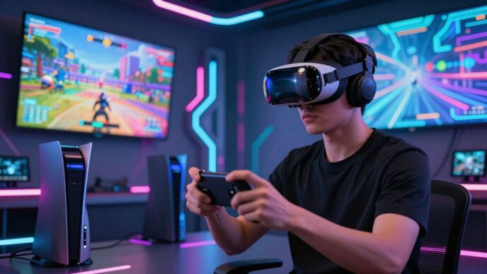 Futuristic gaming technology with consoles and VR headsets.