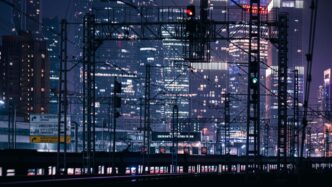 a city skyline at night