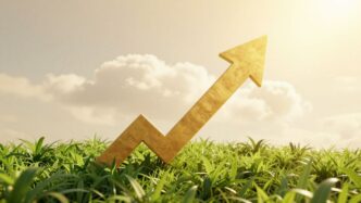 Upward arrow breaking through clouds, signifying business growth.