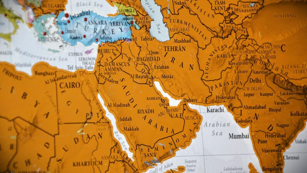 Close-up of a world map showing the middle east.