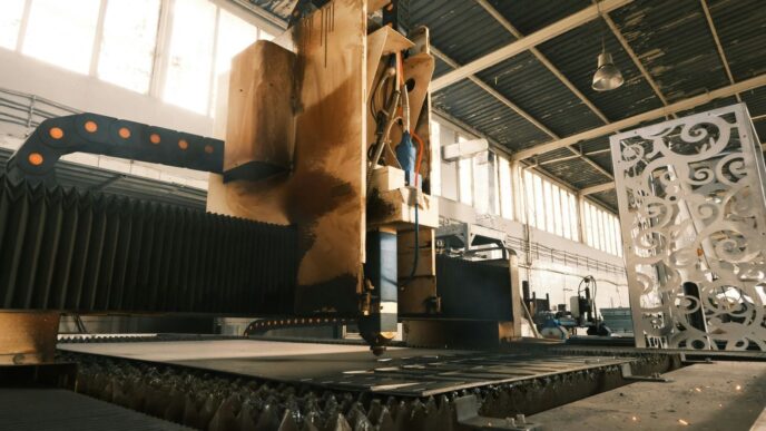 A large machine is in a large building