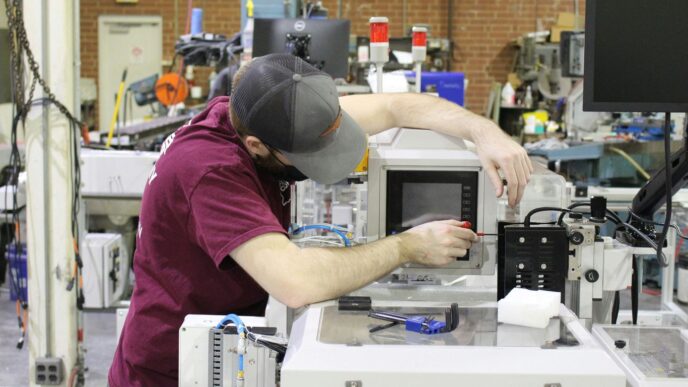 man in red t-shirt and black cap in front of white and black microwave oven