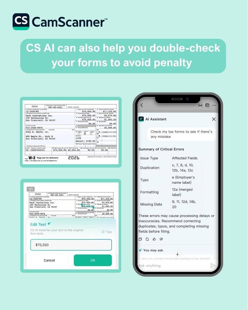 CamScanner AI detects errors in your tax forms to prevent filing penalties.