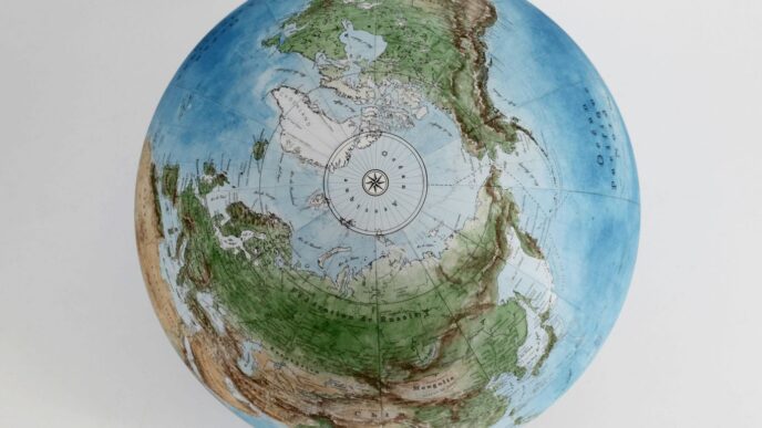 a blue and green globe sitting on top of a white table