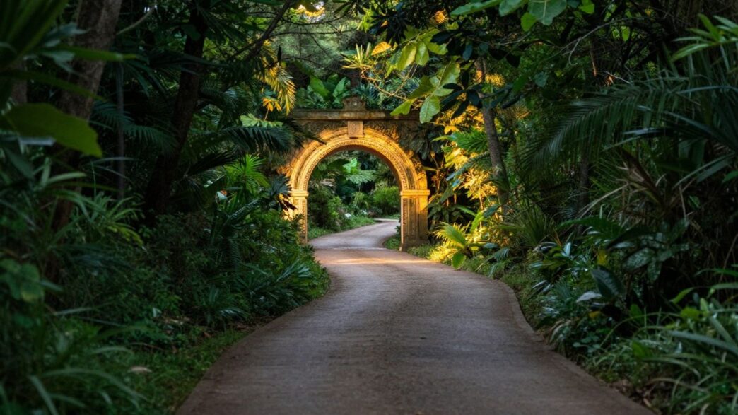A path leading to a bright gateway.