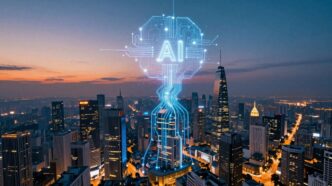 Futuristic cityscape with glowing AI elements.