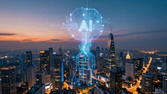 Futuristic cityscape with glowing AI elements.