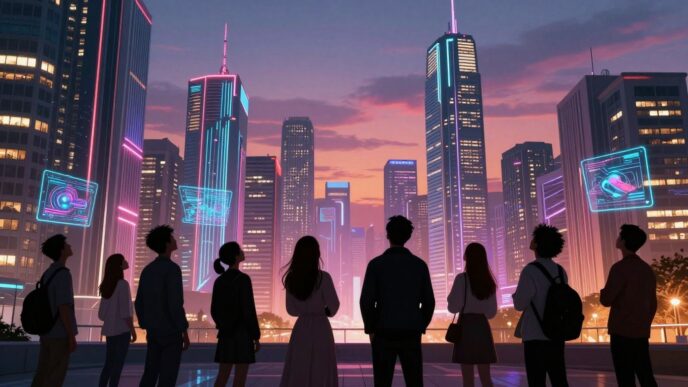 Futuristic city skyline with digital streams and people viewing holograms.