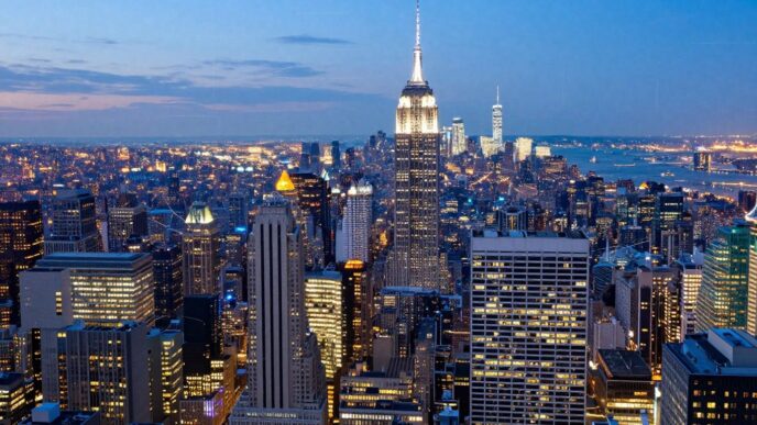 New York City skyline with digital data streams.