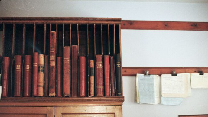 Wooden shelf filled with antique books
