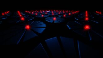 a dark room filled with red and blue lights