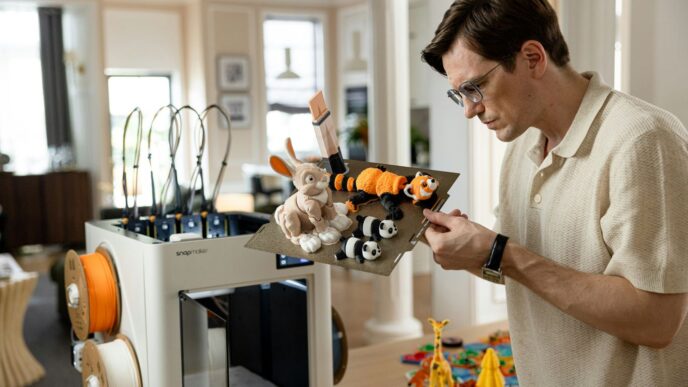 Man working with 3D printer and toys