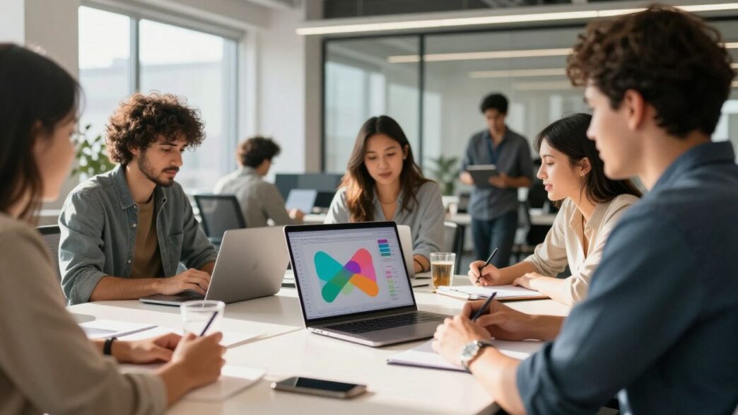 Professionals collaborating in a modern office, discussing SaaS benefits.